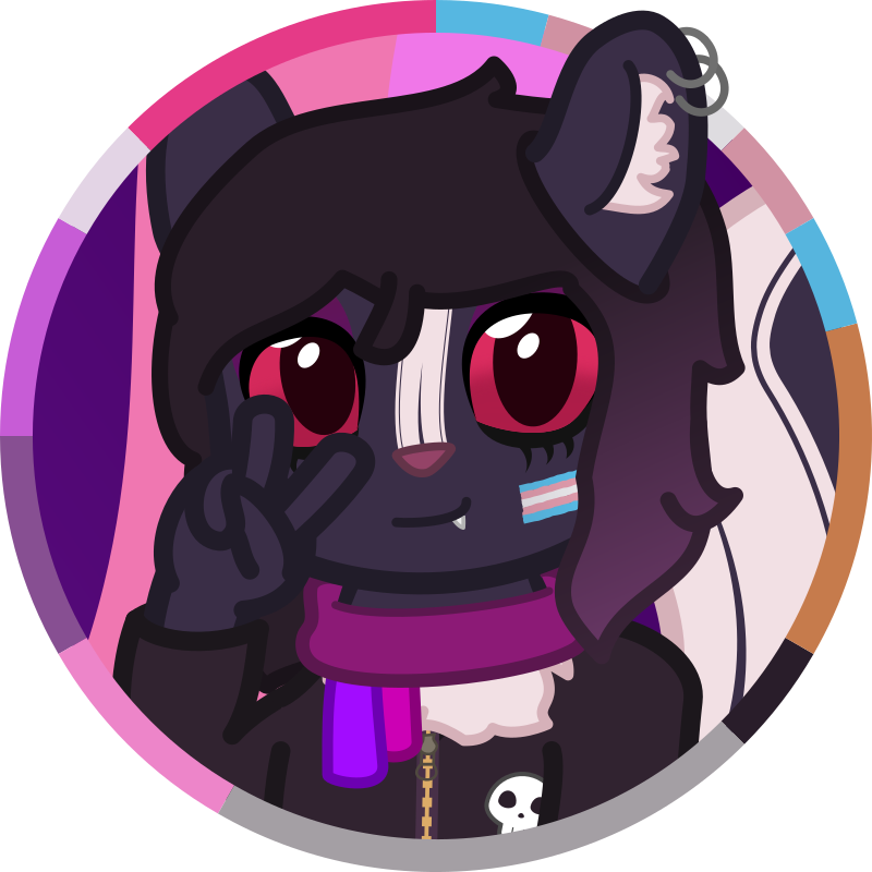 An image of Ami, a skunk with ear piercings and is wearing a jacket with a skull symbol, she's holding up the V sign.